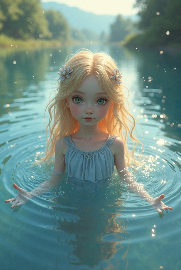 a close-up of a blonde child with long hair, BIG BALL OF ICE IN HAND.