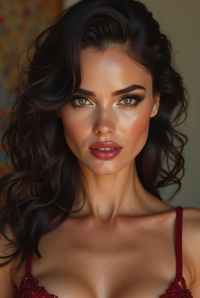 close-up, extreme close-up, close-up portrait, portrait, ultra realistic, photography, long black straight hair in a ponytail, elegant hair, (30 years old, hazel eyes, hourglass figure, perfect fit body, natural big breasts), firtatious look, crimson red lipstick, femme fatale, long eyelashes, cat-eye make-up,