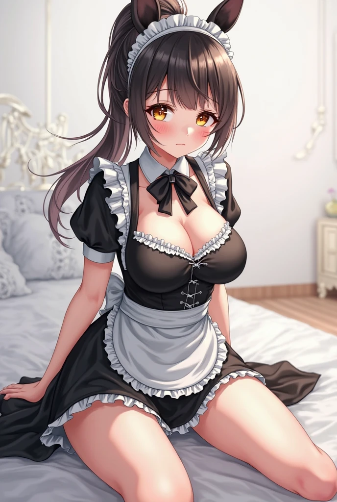 Maid clothes、Plump thighs、Best image quality、High resolution、masterpiece、super high quality、Brown bra、Brown panties、とてもBig Ass、Blushing、4K quality、Thick thighs、Big Ass、Blushed、Big Breasts、Proud face、Wearing black knee socks、Sticking out tongue