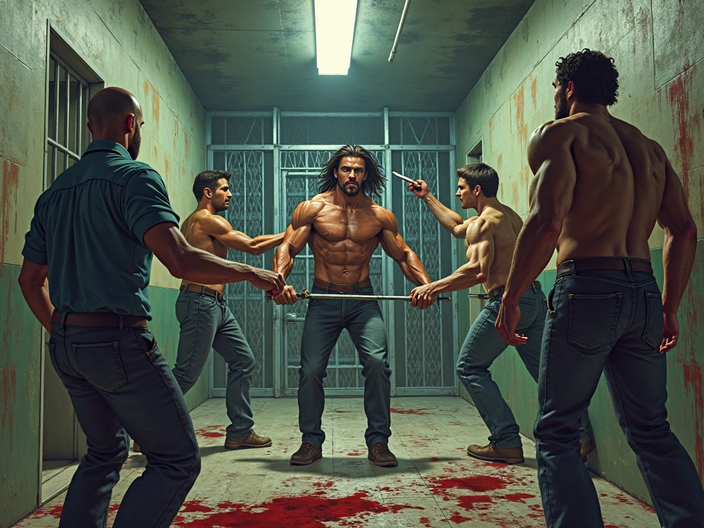 Best quality, masterpiece, ultra high res, photorealistic:1.5, raw photo,ultra reality, bearded man, short hair, a man standing over a group of injured gangsters, wearing gray checkered shirt,holding knives in both hands, bloody hands, injured, some bruises, fighting, in the warehouse, cinematic lighting