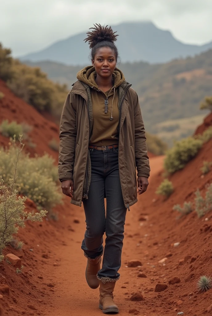 Amira, 1girl, solo, ((Sudanese woman)), consistent face and body, ((MILF)), ((30 years old)), (mature), ((slim)), ((Sudanese face)), (Sudanese nose), (Sudanese lips), short hair, upper body and upper legs, (background: overlooking Al Akhawayn University in Morocco), BREAK, (wearing stylish Comfortable hiking clothes)