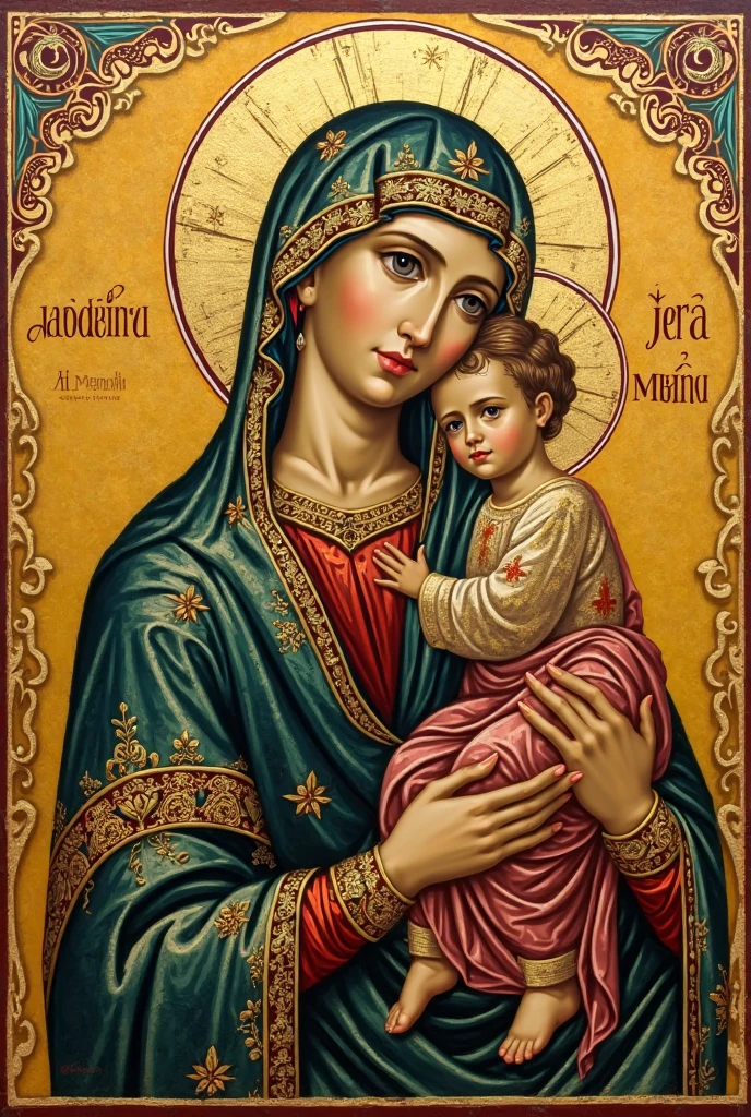 (((Holy virgin mary and Jesus. . IN CUSTOM METALLIC COLORS, russian costume))) luminoso, obra maestra, (Mejor calidad: 1.2), (super fine: 1.2), illustration, (extremadamente delicado y hermoso: 1.2), movie angle, flotante, (Hermoso detalle ojo: 1.1), (detalle de luz: 1.1), Movie Lights, Cielo delicado, ojos azules, (cola de caballo alta: 1. 1), capa, Ojeteador, cielo estrellado, (light particles: 1.1) Dibujo, flor. (obra maestra), (Mejor calidad), (fotorrealista:1.3), 8k, textura de piel detallada, Textura de tela detallada, hermoso rostro detallado, detalles intrincados, ultra detallado