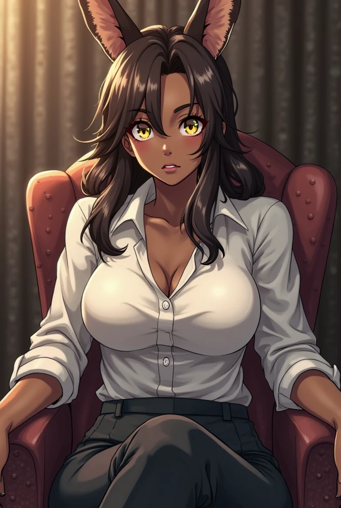NSFW, masterpiece, best quality, highres, manhattancafe, ahoge, yellow eyes, (hair over eyes:1.2), hair between eyes, horse ears, horse tail, blonde, necklace, earrings, kogal gyaru, jewelry, hair ornament, bracelet, (tan), (makeup), polished nails, long fingernails, sagging breast, huge breast, dress shirt, red skirt, pleated skirt, bra peek, leopard print, dark skin, 😄, hands on hip, thighhighs, pussy juice