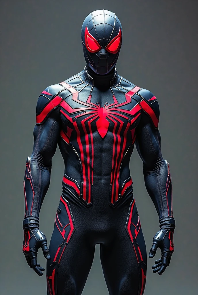 Make Spider-Man uniform, predominantly black, with red details on the gloves, booties, and a large spider symbol on the chest. The uniform lines are modern and dynamic, suggesting speed and agility. The mask is red, covers the entire face, with large white eyes with black outlines that stand out, in some classic spiderman pose