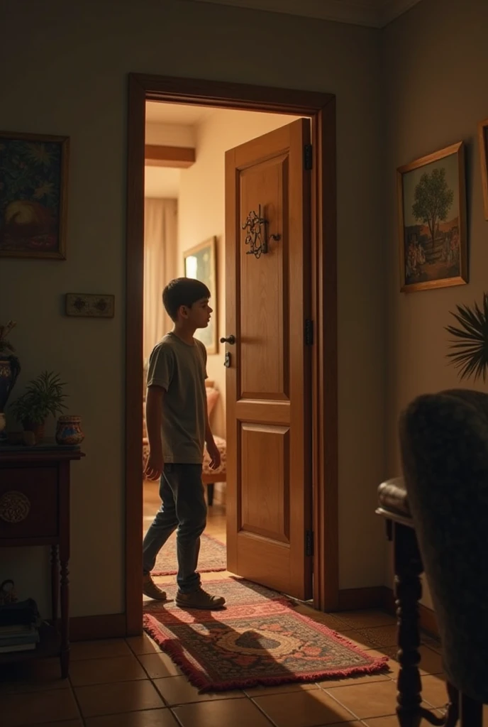 A brief glimpse of the man as a young boy, standing in front of a mysterious door, hesitating with the same key in hand. The scene flickers back to the present.