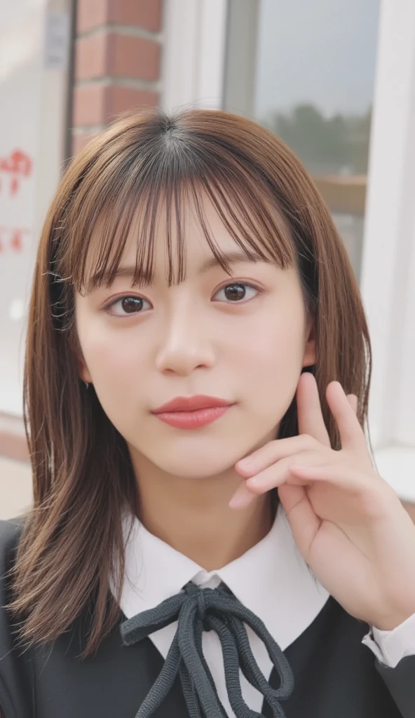 Alafard girl, holding a toothbrush in her hand and a tooth in her mouth, Sadie sink, curly bangs, neat hair and bangs, Lalisa Manobal, she has a lovely expressive face, black-pink Josie, black-pink Josie portrait, blunt bangs falling on her forehead, black-pink Larisa Manoban, high-quality portrait, symmetrical eyes, symmetrical face, sweet smile, with tiger teeth
