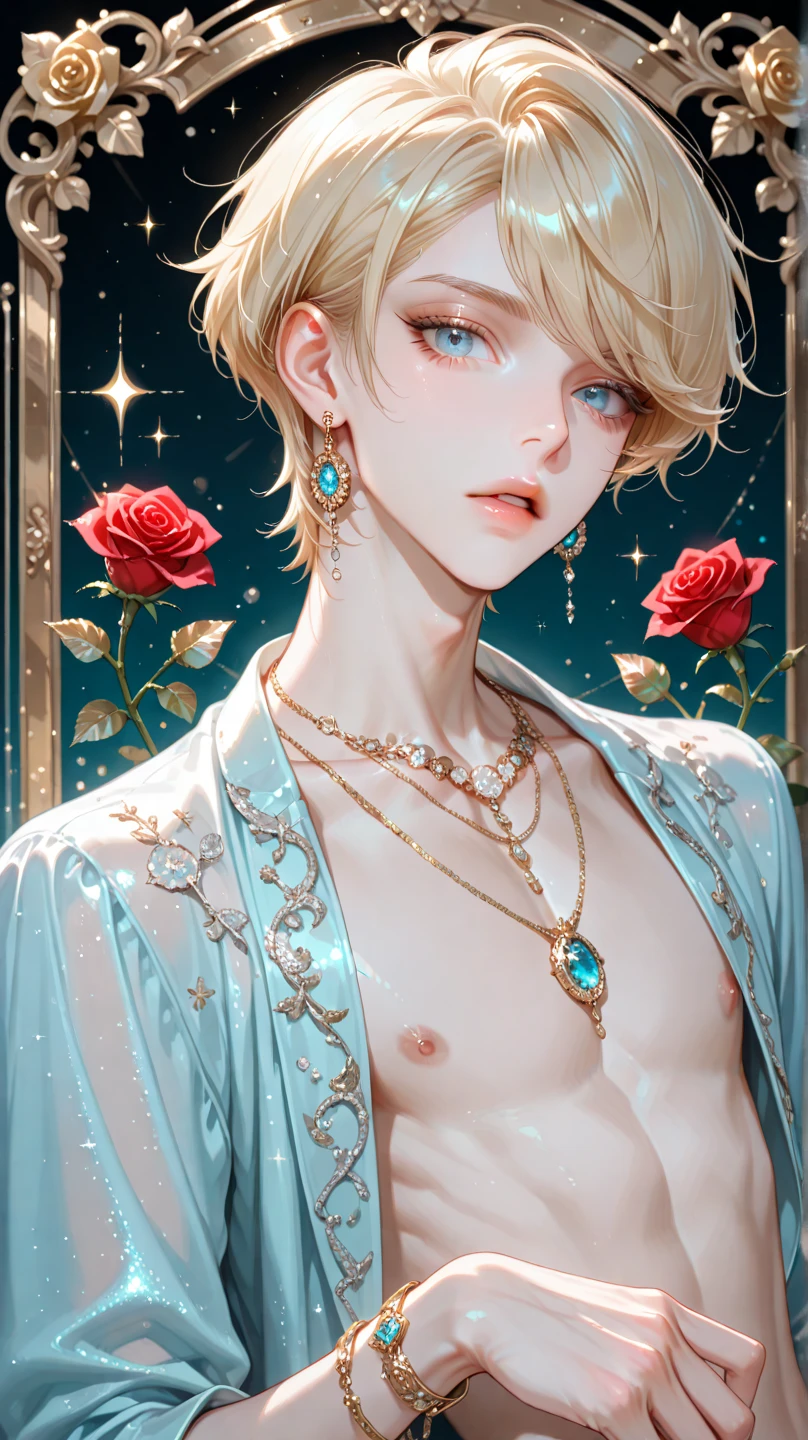 cuteoppa, (Absurdres, intricate details, masterpiece, best quality, high resolution, 8k), (1man), detailed face, lean body, kind and gentle demeanor, pale skin, pink hair, sexy gypsy outfit, exhaustive details, Depth of field, VFX, desert background, oasis, middle eastern theme, nsfw, looking at viewer, <lora:cutieoppav1:.9>