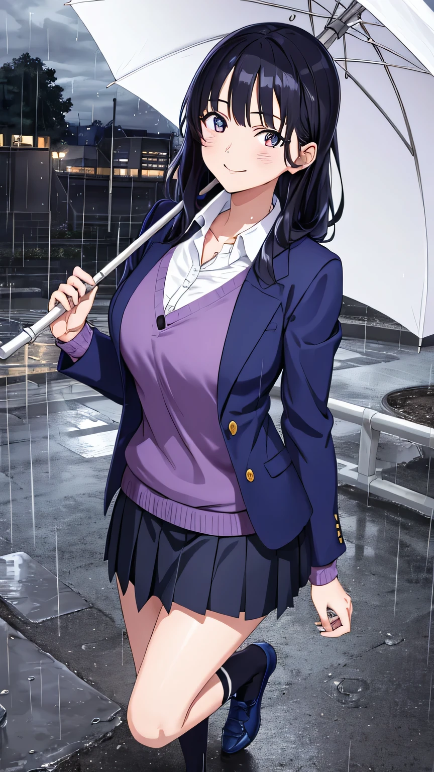 {{{masterpiece}}}, (best quality:1.5), (ultra-detailed:1.5), {illustration}, {{an extremely delicate and beautiful}}, (beautiful detailed eyes:1.6), absurdres, highres, extremely detailed face, 16k, hd, visual anime de uma jovem mulher, extremamente bonito rosto de anime, anime melhor garota, (perfect hands, perfect anatomy), (five fingers:1.1), anime face, Yamada Anna(Boku no Kokoro no Yabai Yatsu), aaanna, 1girl, solo, cute face, long hair, black hair, (brown eyes:1.4), flushed cheeks, tall woman, large breasts, thin waist, big hips, curvaceous, BREAK, blazer, blue jacket, open jacket, long sleeves, blue sleeves, collarbone, collared shirt,white shirt, (purple sweater:1.2), tuck out, pleated skirt, blue skirt, miniskirt, crew socks, black socks, white footwear, BREAK, (Rainy day:1.3), girl holding an umbrella, hand holding umbrella, vinyl umbrella, cute face, smiling, looking at viewer, outdoor, (night:1.2), rain, (rain clouds:1.2), public park, (bust shot:1.5)