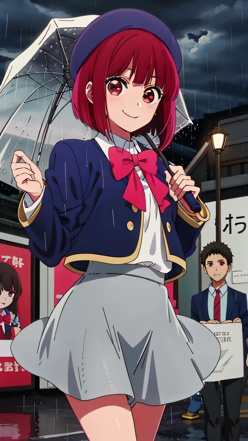 {{{masterpiece}}}, (best quality:1.5), (ultra-detailed:1.5), {illustration}, {{an extremely delicate and beautiful}}, (beautiful detailed eyes:1.6), absurdres, highres, extremely detailed face, 16k, hd, visual anime de uma jovem mulher, extremamente bonito rosto de anime, anime melhor garota, (perfect hands, perfect anatomy), (five fingers:1.1), anime face, Arima Kana (Oshi No Ko), 1gril, solo, cute face, Red hair, very big eyes, short hair, bob hair, bangs, (red eyes:1.5), medium breasts, big hips, curvaceous, BREAK, blue beret, {Yoto High school uniform}, {school uniform}, (blue jacket:1.3), long sleeves, cropped jacket, (open jacket:1.2), pink bow tie, big bowtie, white collared shirt, (black sweater:1.3), mini skirt, (gray skirt:1.5), knee socks, white socks, BREAK, (Rainy day:1.3), girl holding an umbrella, hand holding umbrella, vinyl umbrella, cute face, smiling, looking at viewer, outdoor, (night:1.2), rain, (rain clouds:1.2), city, building, (bust shot:1.5)