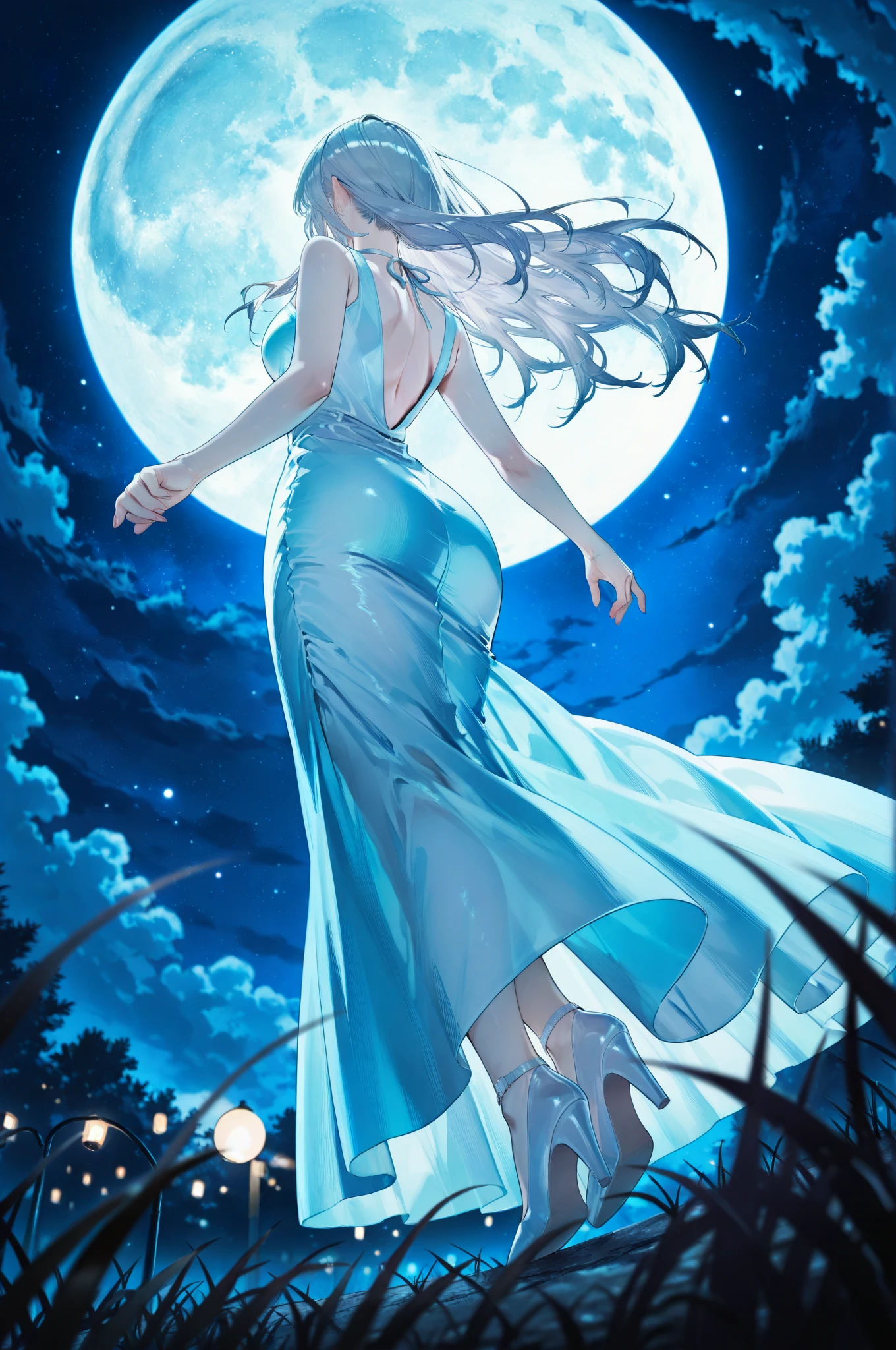 (full body), (from below), (Bebebe:0.5), back, wearing dress, outside, night sky, moon, peaceful atmosphere, depth of field, sharp foreground, blurred background