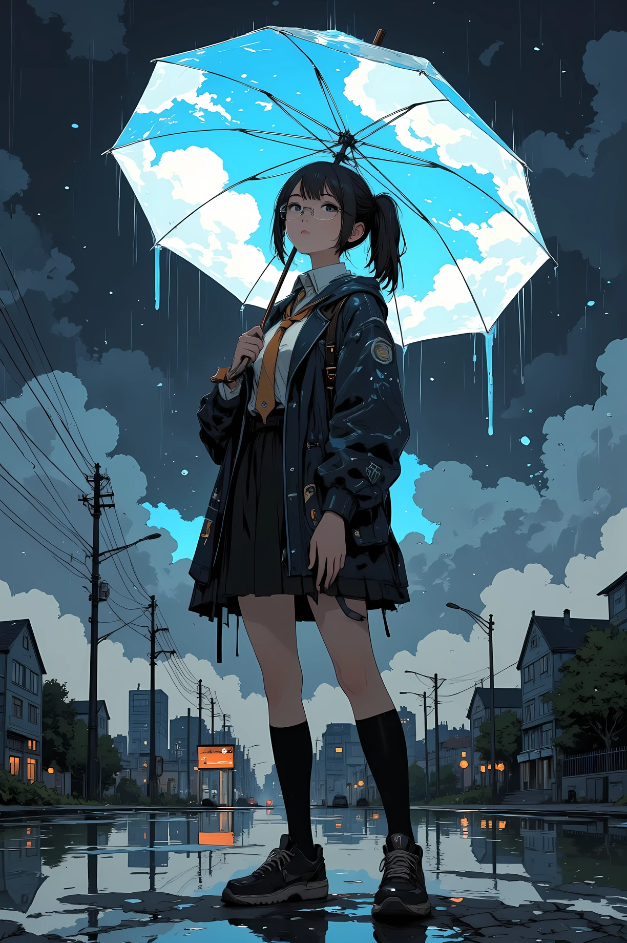 anime style, cinematic composition, a young woman with glasses standing in the rain, holding an umbrella open above her, the inside of the umbrella shows a bright blue sky with fluffy white clouds, emitting a soft magical glow, the surrounding world is rainy and grey, water puddles reflect city lights, raindrops on her school uniform or coat, peaceful and thoughtful expression, surreal atmosphere, magical realism, shallow depth of field, beautiful lighting, inspired by Makoto Shinkai and Studio Ghibli, ultra detailed, masterpiece, best quality