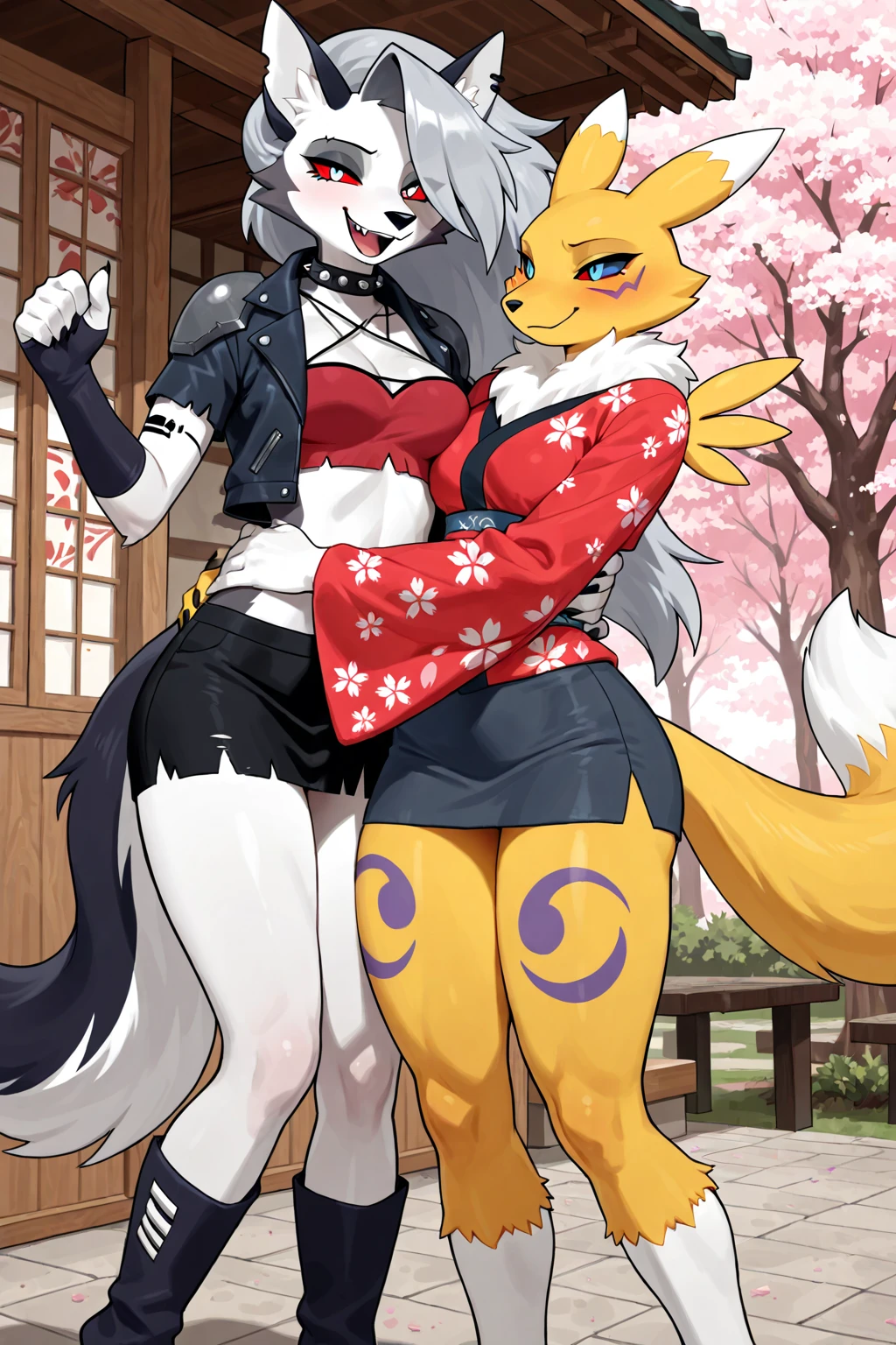 by kenket, Ross Tran, ruan jia, zaush, foxovh, by Zackary911, by hyattlen, by teranen, by fumiko, by Pixelsketcher, by fluff-kevlar, bye r-mk, by Dimwitdog, Female fox, nuzzling into the second character, magic fantasy, small, slender, (young)), BREAK, second character anthropomorphic bovine female, traditional kemono, ((huge breasts)), hourglass body, revealing outfit, seductive, alluring eyes, looking at viewer, traditional japanese, magic fantasy, (mature), milf, tall, curvy), cow snout, cow tail, BREAK, outdoors, cherry blossoms, nighttime, tugging on own clothes, ((2 anthro women)), (2 people), (multiple people), size difference,