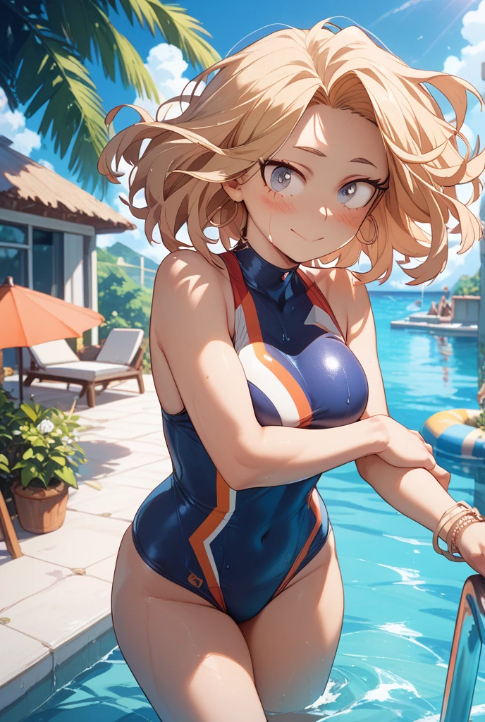 ((​masterpiece))、((Top image quality))、((top-quality))、(((Illustration of one woman)))、(((Muscle Girl)))、full body Esbian、((30-years old))、((neuter))、((Blonde twintails))、Light golden eyes、((Long body))、(((perspiring)))、((Body wet with sweat))、(((Muscular and strong body)))、((Split abs))、(((muscular and thick arms)))、(((muscular and thick legs)))、((manspreading))、((Sports Swimwear))、Sitting on a deck chair、in poolside
