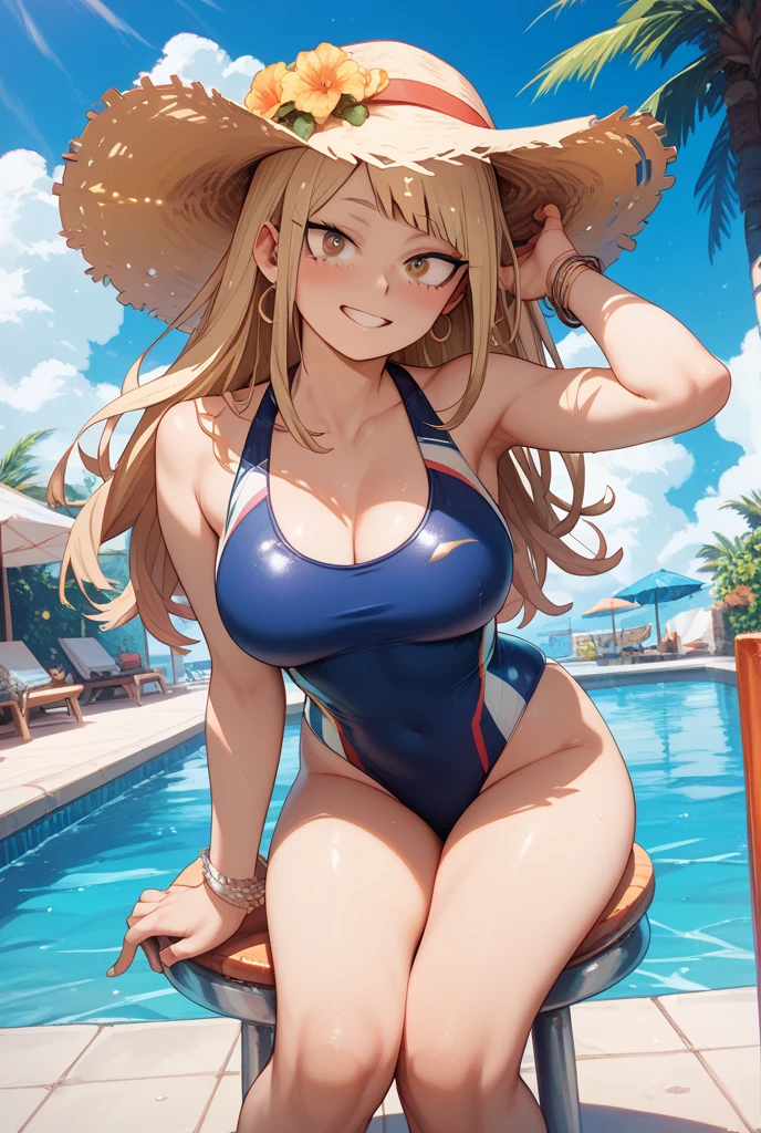 masutepiece, 1womanl, ((Solo)), of the highest quality, Hi-Res, cleavage, ((Star print one-piece white swimsuit)), Large breasts, Red Eyes, blond hair , in poolside, light smile