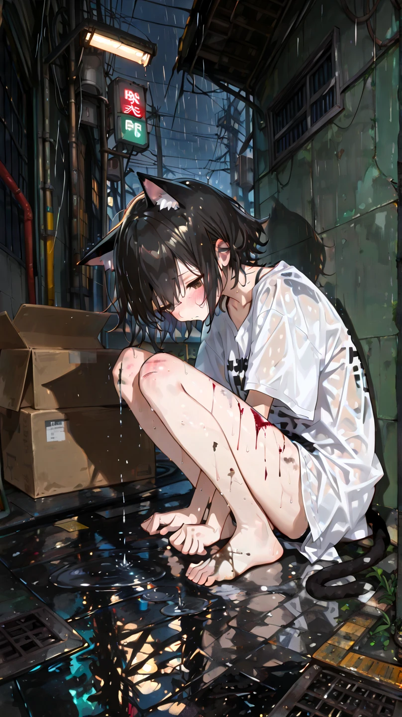 Brunette giant cat girl, without wearing shoes, Black sweatshirt,Blood sticks to the black stockings, In the city, The girl's expression was a little low, The crotch is blocked by the tail,Sit in the middle of the city road,Tread destroyed the city,looking down on the camera, Panicked masses, Cinematic lighting, Textured skin, Masterpiece, hyper HD, retinas, 8K,Blood splattered,The graphic style is gorgeous。