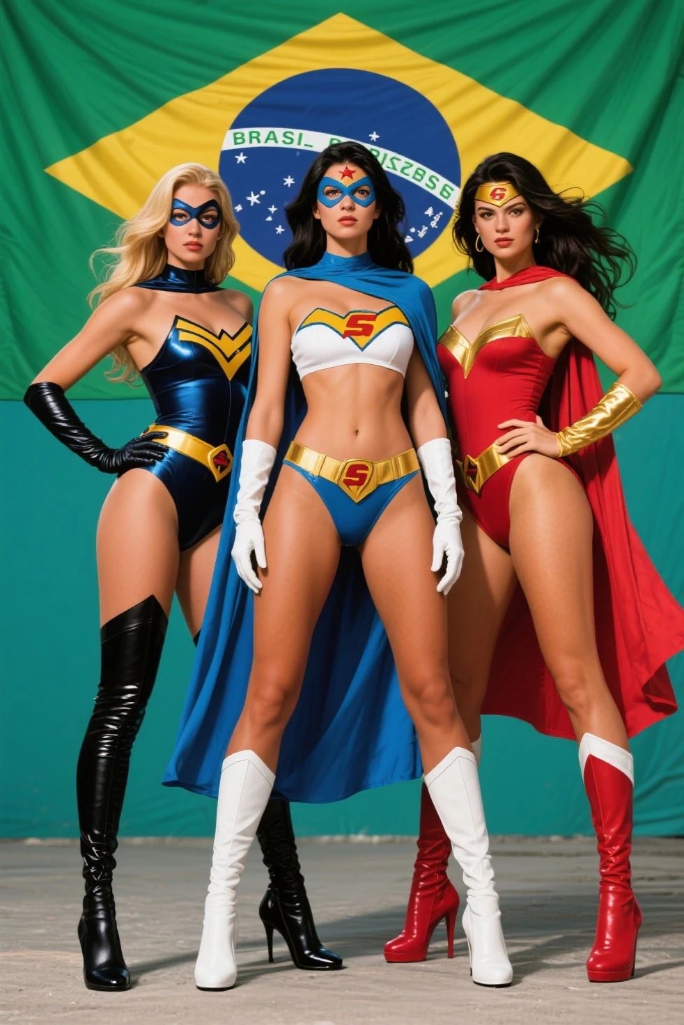 nsfw
3superheroines
3 beautiful sexy cosplay models wearing barely-there bondage-harness micro-cameltoe-bikini-costumes and heels standing side by side, full body view
wonder woman
supergirl
powergirl

supergirl should be the youngest, barely 18 insecure shy introverted wearing intense revealing red micropanties

wonder woman should be voluptuous and extroverted

powergirl should be full breasted and look like margot robbie

cameltoe, pussy-thong, pussy-wedgie, shaved smooth pussy
hair blowing in the wind, ultra-pornstar make up
 in desolate collapsed building concrete debris and rubble, dynamic pose ready for battle, huge explosions and fire in the background, low-angle shot, wide-angle shot, handheld shot, dramatic angle, extreme angle shot