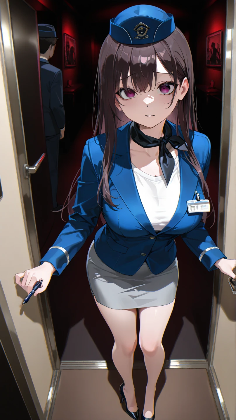 2D, masterpiece, highest quality, anime, Highly detailed face, Highly detailed eyes, Highly detailed background, Perfect lighting, Cowboy Shot, One girl, alone, Aki Rosenthal, Collared dress, Short dress, Short sleeve, Blue jacket, Black knee socks, Hair loss, Long Hair, Low twin tails, Bobcut, tie, headgear, White gloves, Elbow hand pockets, Wide Hips, smile, Are standing, Inside the spaceship