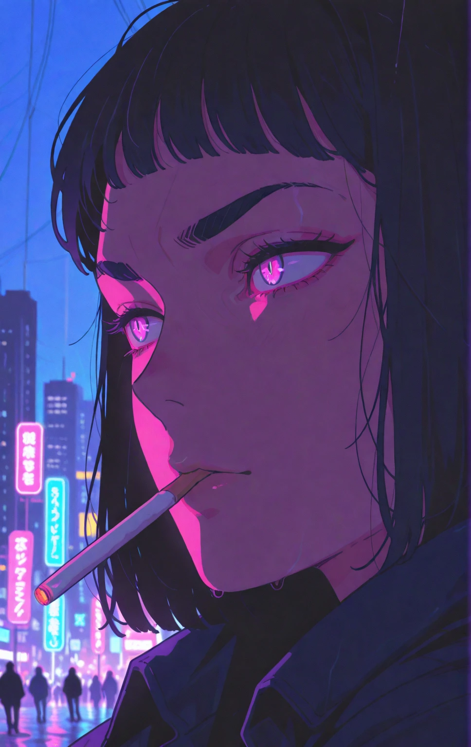 create for me lucy from cyberpunk edgerunners who is smoking a cigarette against the backdrop of nigth citi
