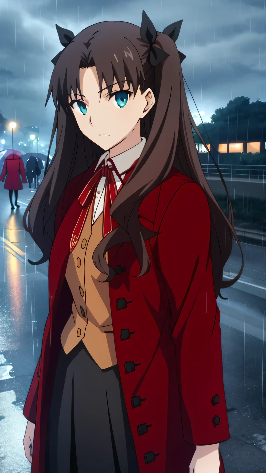 {{{masterpiece}}}, (best quality:1.5), (ultra-detailed:1.5), {illustration}, {{an extremely delicate and beautiful}}, (beautiful detailed eyes:1.6), absurdres, highres, extremely detailed face, 16k, hd, visual anime de uma jovem mulher, extremamente bonito rosto de anime, anime melhor garota, (perfect hands, perfect anatomy), (five fingers:1.1), anime face, Tohsaka Rin(Fate/stay night), ChopioTohsakaRin, 1girl, solo, cute face, black hair, long hair, two side up, parted bangs, black hair ribbon, round face, big eyes, aqua eyes, (High resolution eyes, Beautiful eyes, Light in the eyes), medium breasts, big hips, curvaceous, BREAK, outfit_1, (red coat:1.5), long sleeves, red sleeves, buttons, collared shirt, neck ribbon, brown vest, black skirt, (long skirt:1.3), pleated skirt, black pantyhose, BREAK, (Rainy day:1.3), cute face, expressionless, In town, standing, (wet hair:1.2), outdoor, (night:1.4), rain, (rain clouds:1.2), crowd of people, posing, looking at viewer, (bust shot:1.5)