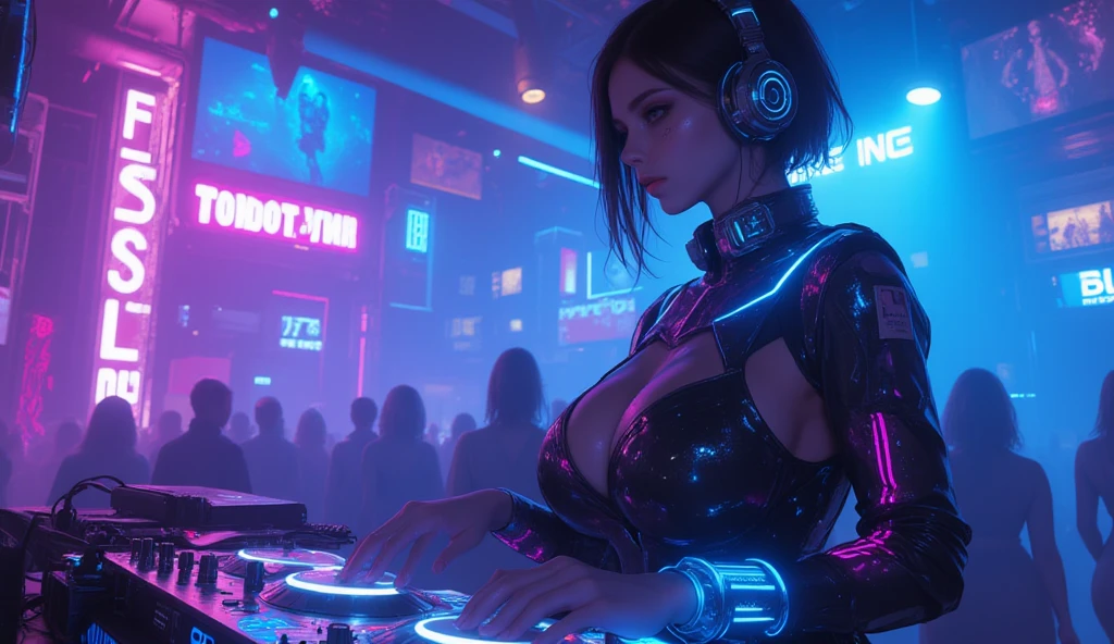 Arad woman in bikini standing in front of DJ's table, DJ, trending on cgstation, Ross Tran 8 K, cyberpunk nightclub, dj set, Cinematic. author:Leng Jun, Cyberpunk 2 0 y. o model girl, by Russell Dongjun Lu, cyberpunk beautiful girl, in the night club, cyber punk style, trending at cgstation