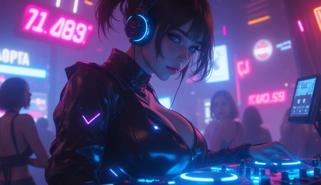 A mesmerizing DJ, with black goo oozing from her fingertips, slides her fingers across the decks, causing the goo to spread across the surface and drip onto the decks, creating a captivating and unique musical atmosphere.