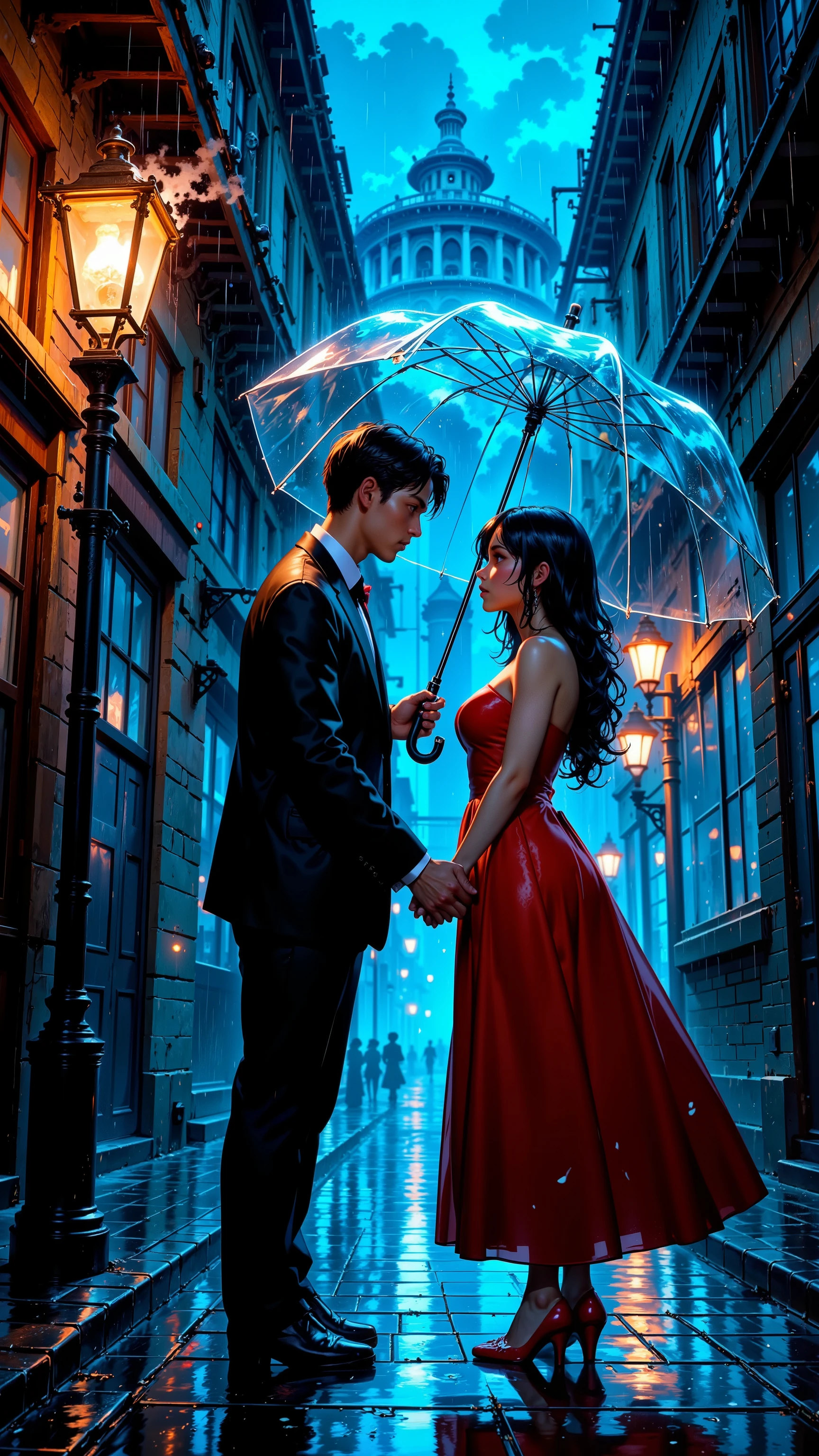top quality, Masterpiece, Ultra Fine, Street Corner When It Rains Late at Night, Gentlemanly Man Holding Out an Umbrella, Surprised Expression of a Woman Wet in the Rain, Fantastic Streetlight Lights, Fateful Encounter Moment, Two Figures Reflected on Wet Cobblestones, misty atmosphere, A quiet backstreet, Man with a Kind Eye, A woman with a fleeting expression, Street Lamp Smoking in the Rain, Silhouettes of Two People Reflected in a Puddle, Dramatic Composition, men in suits, wet dark-haired woman, A moment when time seems to stand still, Soft streetlamp light, A romantic rain scene, The fateful atmosphere of a night, Exhilarating Tension, best crotch, A space where only the sound of rain echoes, Special Feeling of Air Flowing Between Two People,the woman wearing a red dress