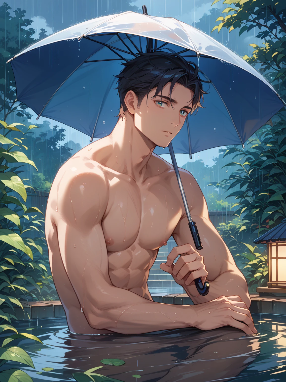 masterpiece, best quality red eyes, game cg, 1boy adult man, adult face, solo, male body, tattoos on body, looking at viewer, upper body, standing in a rainforest where it is raining heavily, with a somber expression. The man is muscular with firm body, anime style, floating water drops , reflective skin wet with water shirtless and sexy. Raining heavily