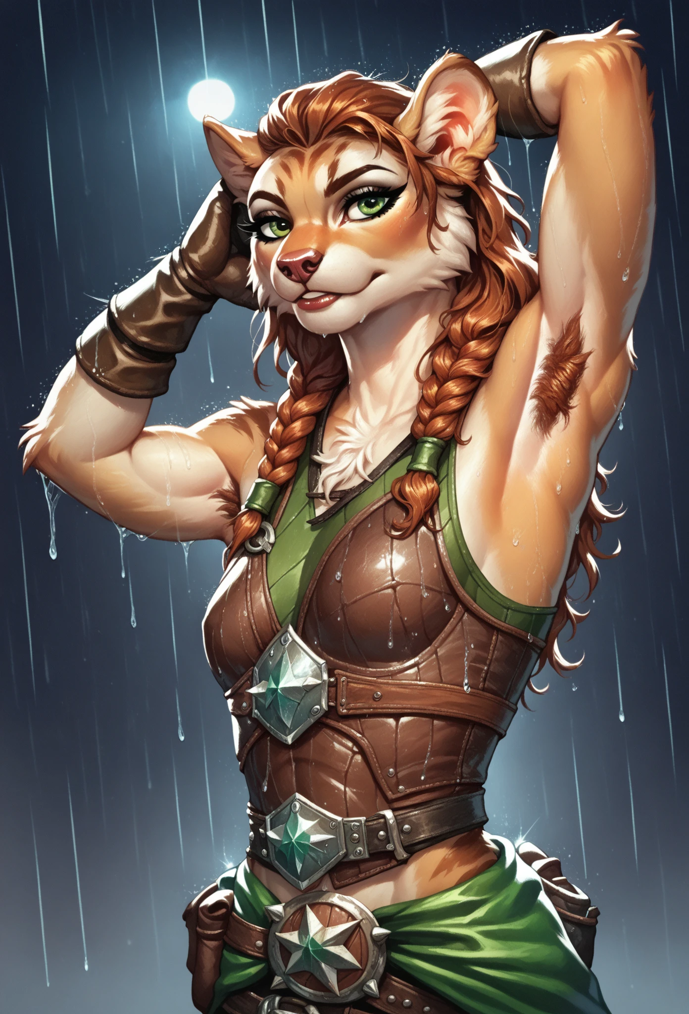 Character portrait of a tabaxi rogue, rainy night background, brown tabby fur, hairy armpits, heroic pose, flat breasts, swimmer's body, rogue armor