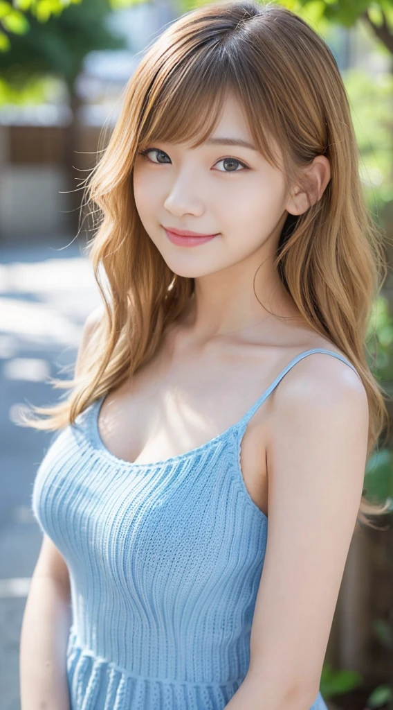 (8k, RAW photograph, highest quality, masterpiece:1.3),(Genuine,photograph:1.37),(Looking at the audience:1.331),Pause,One girl,とてもbeautiful顔,small,Hair weight,Fluffy hair,Random representation,Smile with the corners of your mouth,Big eyes,highest quality Hair,((highest quality)), ((masterpiece)), (detailed), whole body、wallpaper、Attention to detail、Perfect balance、Tight waist、Chestnut Hair、beautiful, Beautiful Skin、beautiful white skin、Russian Beauty、(masterpiece:1.3), 一眼レフphotograph、Best image quality: 1.4, (Rough long hairstyle:1.2)、Soft Breasts、Cleavage:1.4、Loose-fitting clothing,Stylish clothes