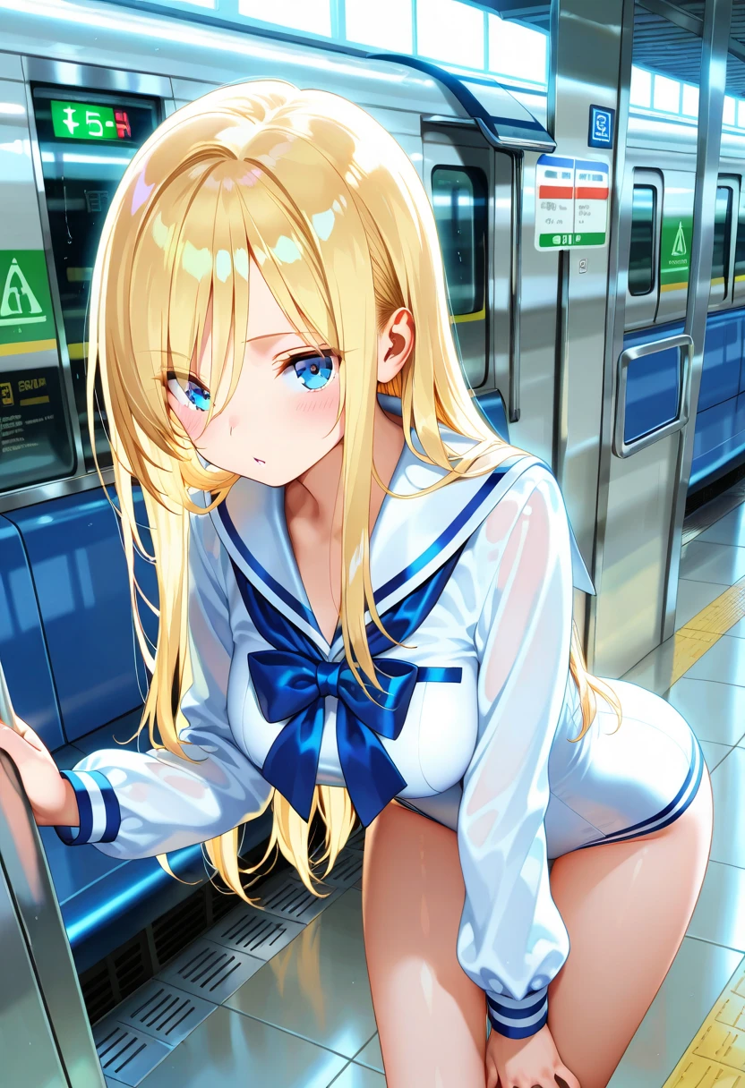 nsfw,((after rape:1.5)),((perfect anatomy:1.5,realistic,:1.3,RAW Photography:1.3,masterpiece、highest quality、Ultra - High resolution、High resolution、Highly detailed CG、8K)),cowboy shot,1 female,solo,20 year old beauty,(beautiful detailed face and eyes,big and gorgeous eyes),light green eyes,Big tears overflowing from my eyes:1.4,(blonde hair,ponytail hair,long hair,bangs),(medium breasts,slender body,small head,skinny, gleaming skin,oily skin,shiny skin),kneeling,spread legs:1.5,((naked,bara naked,nipples,vagina,black_thighhighs)), break , ((cum in vagina:1.3,cum on face:1.3,bukkake:1.3,excessive cum:1.3)),on the train、Women with disgusted expressions in the background、Inside the train、Tokyo、
