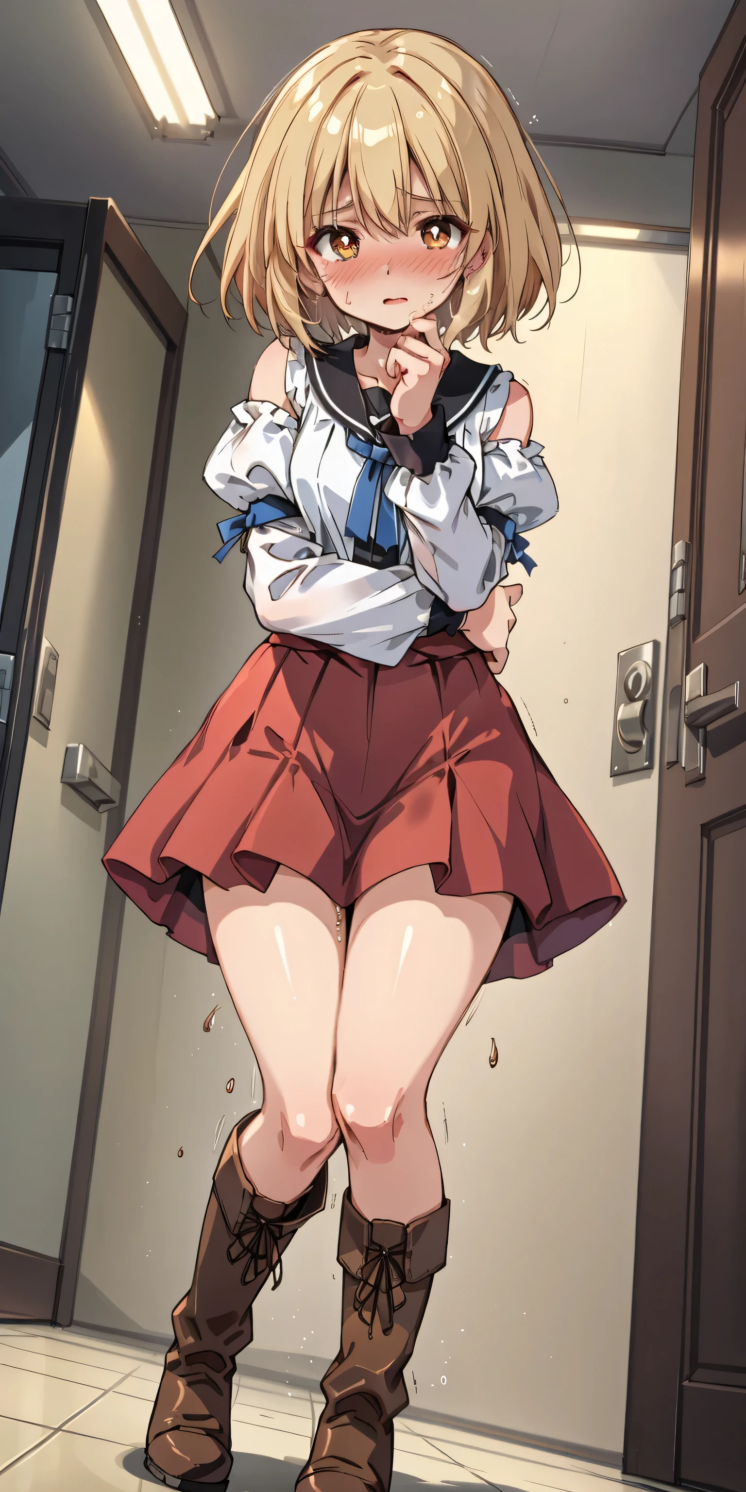 1girl, solo, csmyoru, scar on face, yellow / red eyes, ringed eyes, school uniform, pinafore dress, white shirt, ribbon, long sleeves, belt, standing in background, lifting dress, dress lift, (soda bottle on floor, object in foreground:1.5), from below, closed mouth, narrowed eyes, nervous, face sweat, indoors, bedroom, very aesthetic, best quality, <lora:csm_yoru_xl:1>