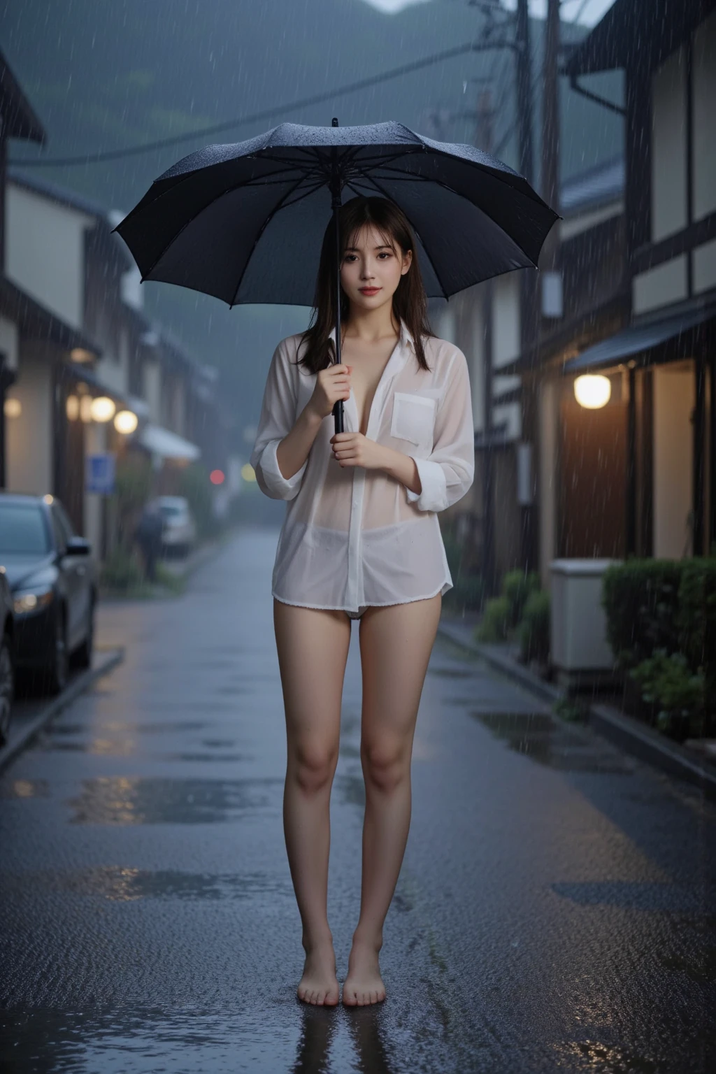 Full body nude photo, beautiful korean girls, 25 years old ,super model,cute face,full make up ,long straight hair , big brown eyes, high nose , medium breast , slender body ,170 cm tall, absolutely nake,nude   ,standing in the city, holding the umbrella, heavy raining  ,turn body toward the viewer