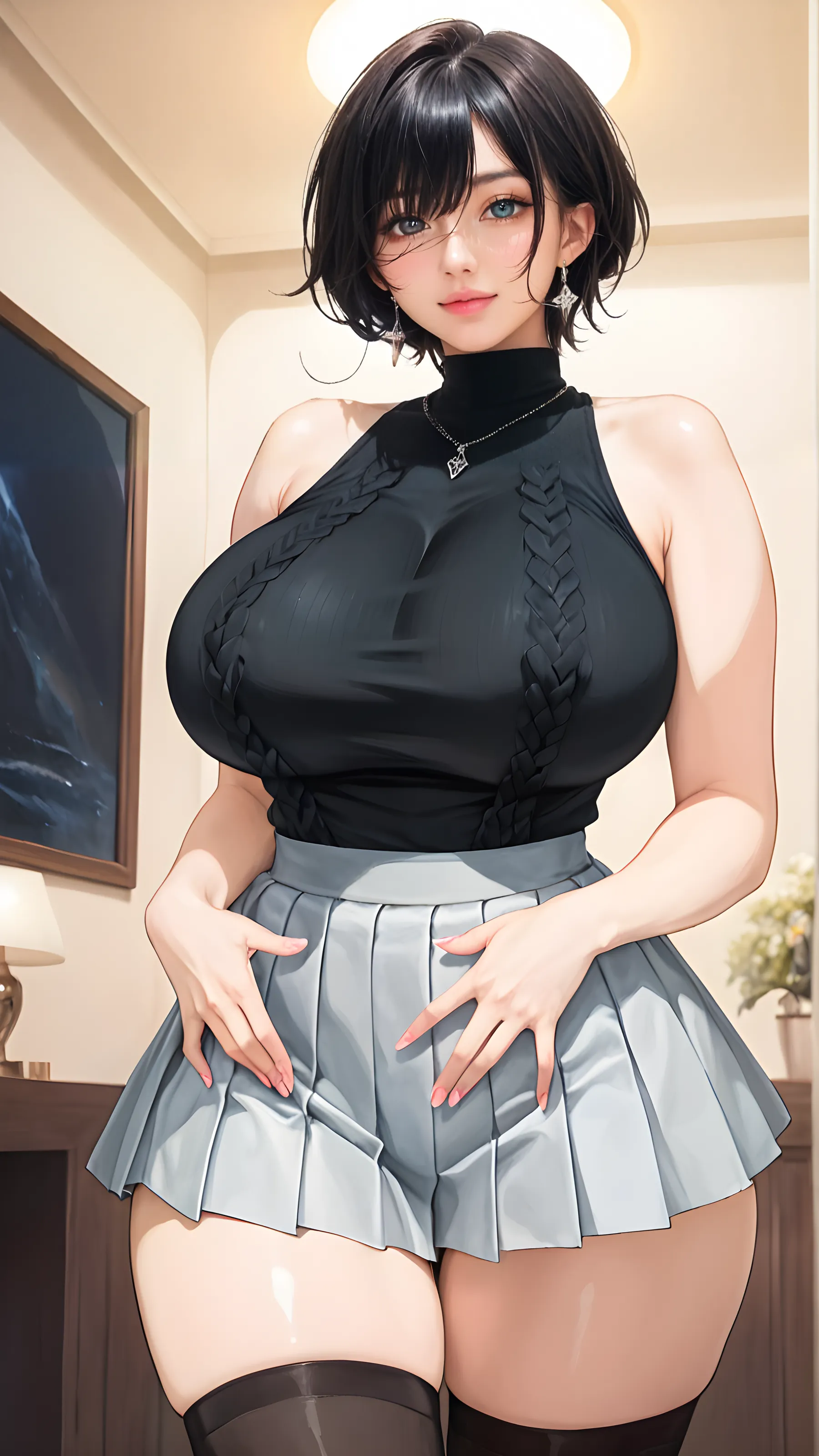 1 girl, black, black dress, hair black, proper dress, milf, milf dress, luxery, big breast, home, home town, smoking background,UHD, high details,