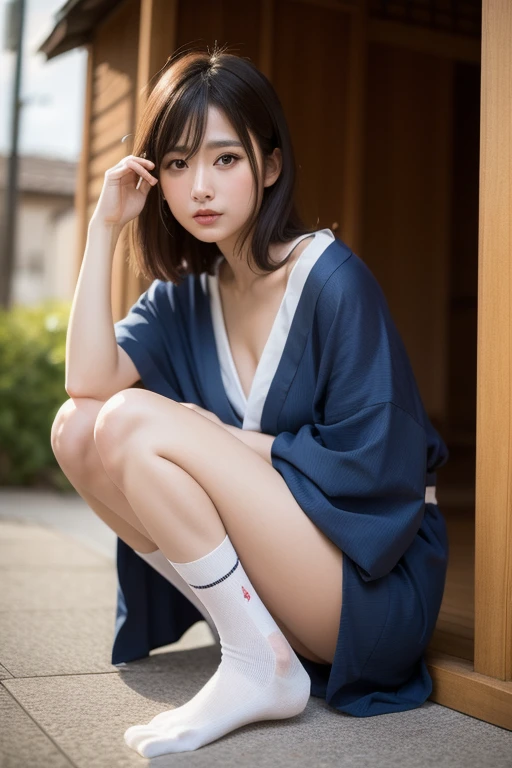 Masterpiece, bokeh, Beautiful (Japanese idle:1.6), (yukata:1.3), squatting in seashore, (From below:1.6), 
