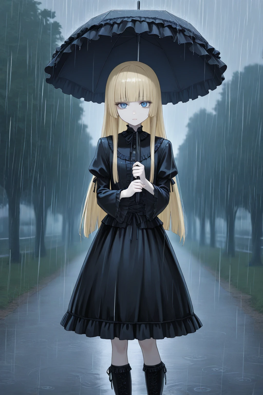 Magazine cover(masterpiece, best quality:1.2), 1 girl holding an umbrella, solitary，blond（（gothic_Lolita））outdoor，rain（HD）（（best quality））， （（Surrealism））