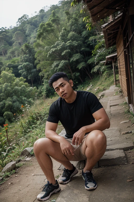 A Thai man wearing a loincloth sits on the balcony of an old wooden house on the edge of a lush rice field. The morning atmosphere