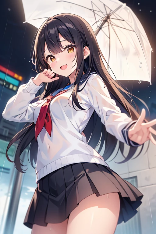 porate、(School uniforms)、bright expression、poneyTail、young and shiny white shiny skin、Best Looks、Gold reflects light、Black color hair、Hair is shiny、Super long silky straight hair、Beautiful bangs that shine、Sparkling crystal clear and charming large dark brown eyes、Very nice and lovely 16 year old girl、Lush bust、With slit、((full body seen))、Nasida、the original god