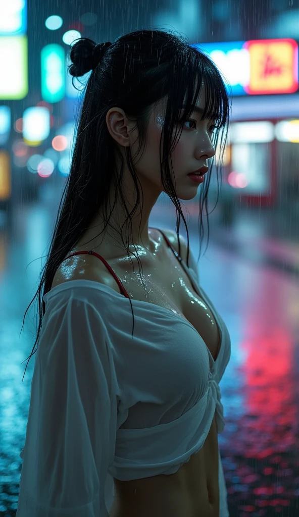 songkran,Wet roads , soaked through,drenched, Dripping, Wet Face,Wet clothes, Wet Skin, Wet Hair,A young woman with a cute face like an idol,((Cleavage)),(Cinema lighting),(Artistic),RAW Photos,Genuine,Genuine,High resolution,RAW Photos,masterpiece, beautiful