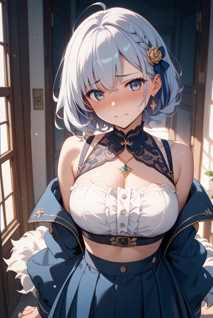 Beauty, Gray Hair, blue eyes, White underwear, Big Tits、to close range、Blue Necklace、Blue earrings、head band