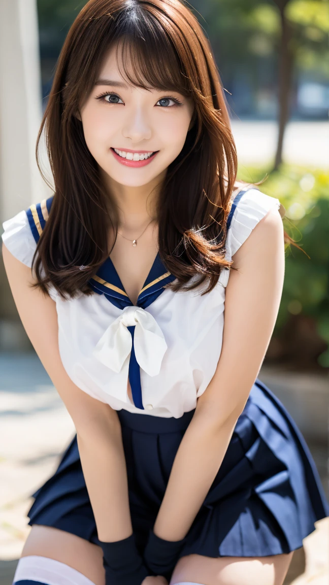I can see my underwear、half-sleeved,　(masterpiece, highest quality:1.2), 8K, official art, RAW photo, incredibly absurd, ( sailor suit), beautiful 1girl, 18-year-old、cute face, arch back, (navy pleated skirt:1.1), ,, , short sleeve, gardenia, violaces, 、、looking at the viewer, film grain, chromatic aberration, sharp focus, face light, dynamic lighting, cinematic lighting, detailed eyes and face, background bokeh, 、、one girl、blush、look at the viewer、(huge breasts:1.2)、wet hair、shiny hair、wet face、wet skin、wet body、wet costume、、、Depth of bounds written、pointed red mouth、red mouth,clavicle、beautiful fingers、、cute wet face、Wet clothes that stick to your chest、Wet and see-through clothes、short hairstyle、, the abdomen is visible,cleavage is visible, anatomically accurate body,cute panties,