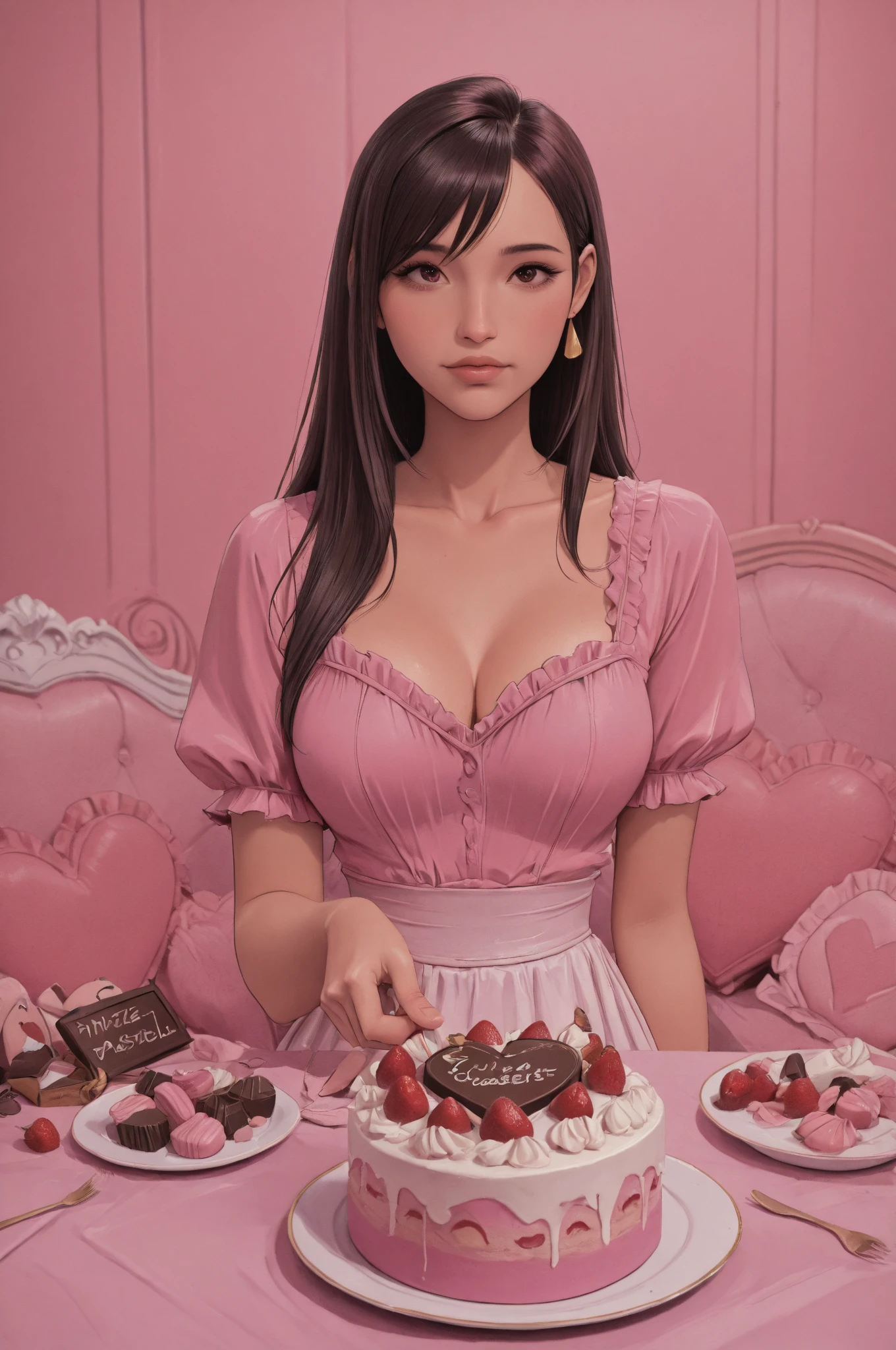 (luciewilde, table, romantic dining room, sensually eating dumplings, violet dress with intricate gold embroidery, white bib with a crab picture, medium:1.1, vivid colors, soft lighting, bokeh) a Chinese hotpot is boiling nearby