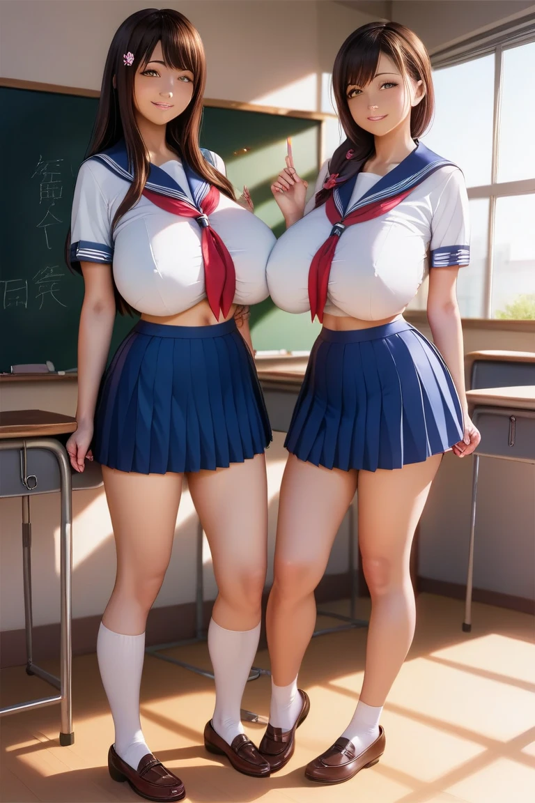 Highest quality, masterpiece, Very detailed, 8K, a 16 years old beautiful Japanese woman:1.5, Small face, blunt bangs, Black short hair, Breast Augmentation Surgery, (Detailed high school uniform:1.5, Very short pleated skirt, Thigh-high socks), classroom、　pink lace bra、　height:177cm
