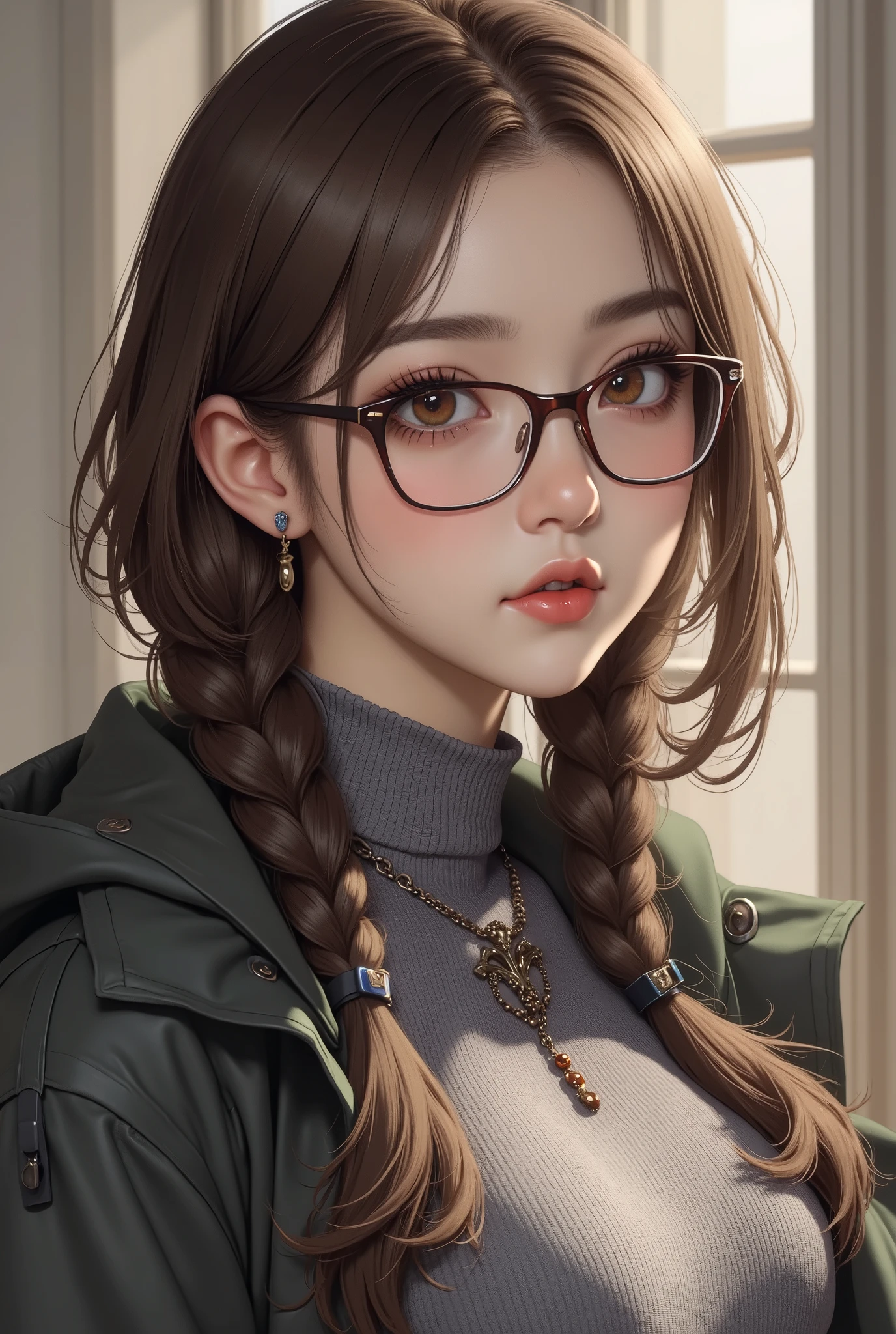 1 Female,Brown Hair, ,((Anxious expression)),Beautiful breasts,uniform,Stylish,,(Look forward)(((Blushing、Surprised expression)),(((Braid))),((( Upper body portrait)))Frameless Glasses