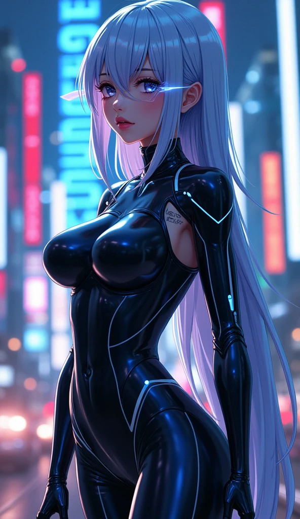 beautiful photorealistic photograph of a cyberpunk catgirl with long white hair and swishing tail, ((Best quality)), ((masterpiece)), (detailed: 1.4), depth of field f/2.8