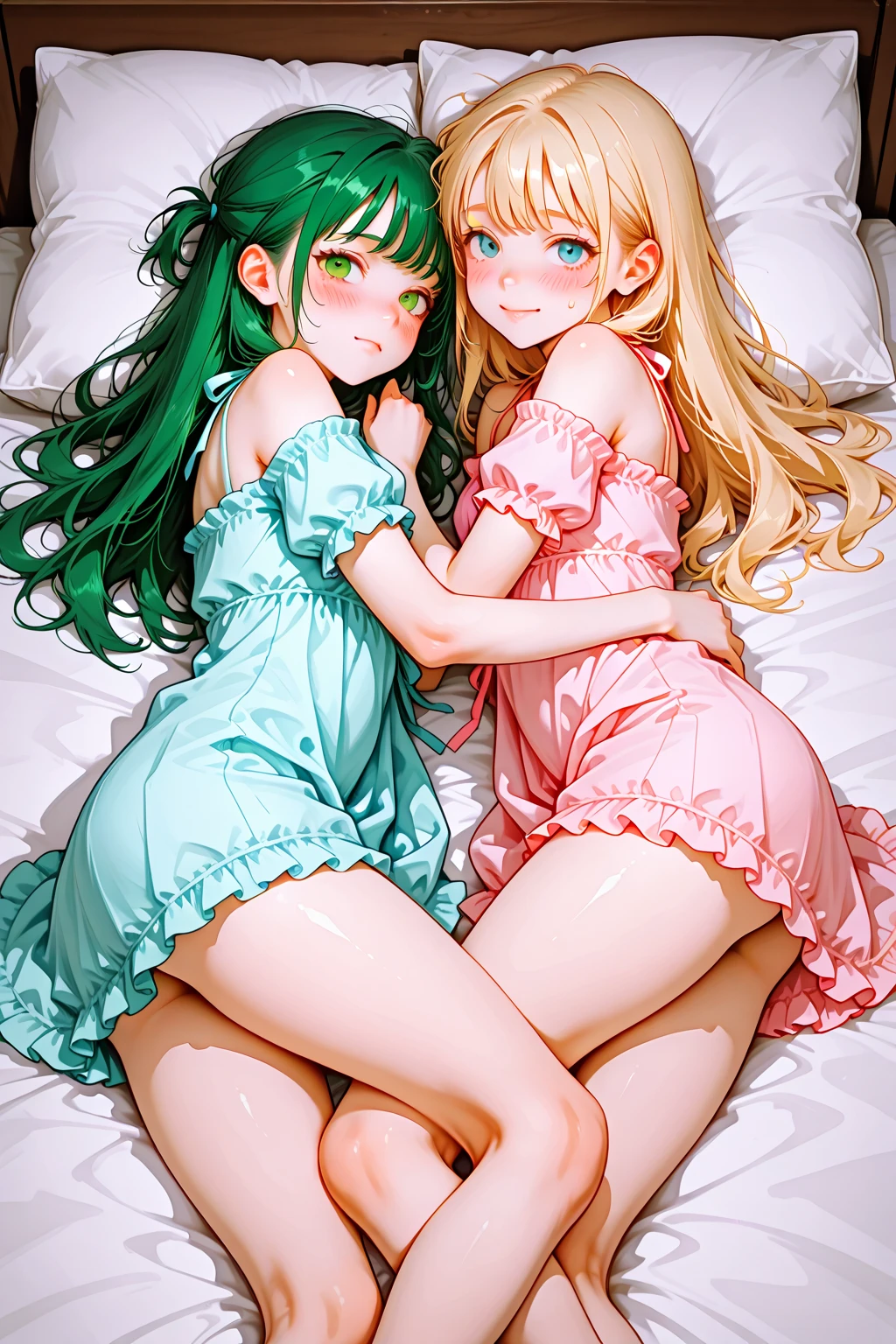 girl, Cute face full length , 3 girls with blond hair, green eyes, 1933s style, high quality,Full body photo of 17 year old with big breasts, Long beautiful legs in silk pajamas lying on the bed,Lots of flowers