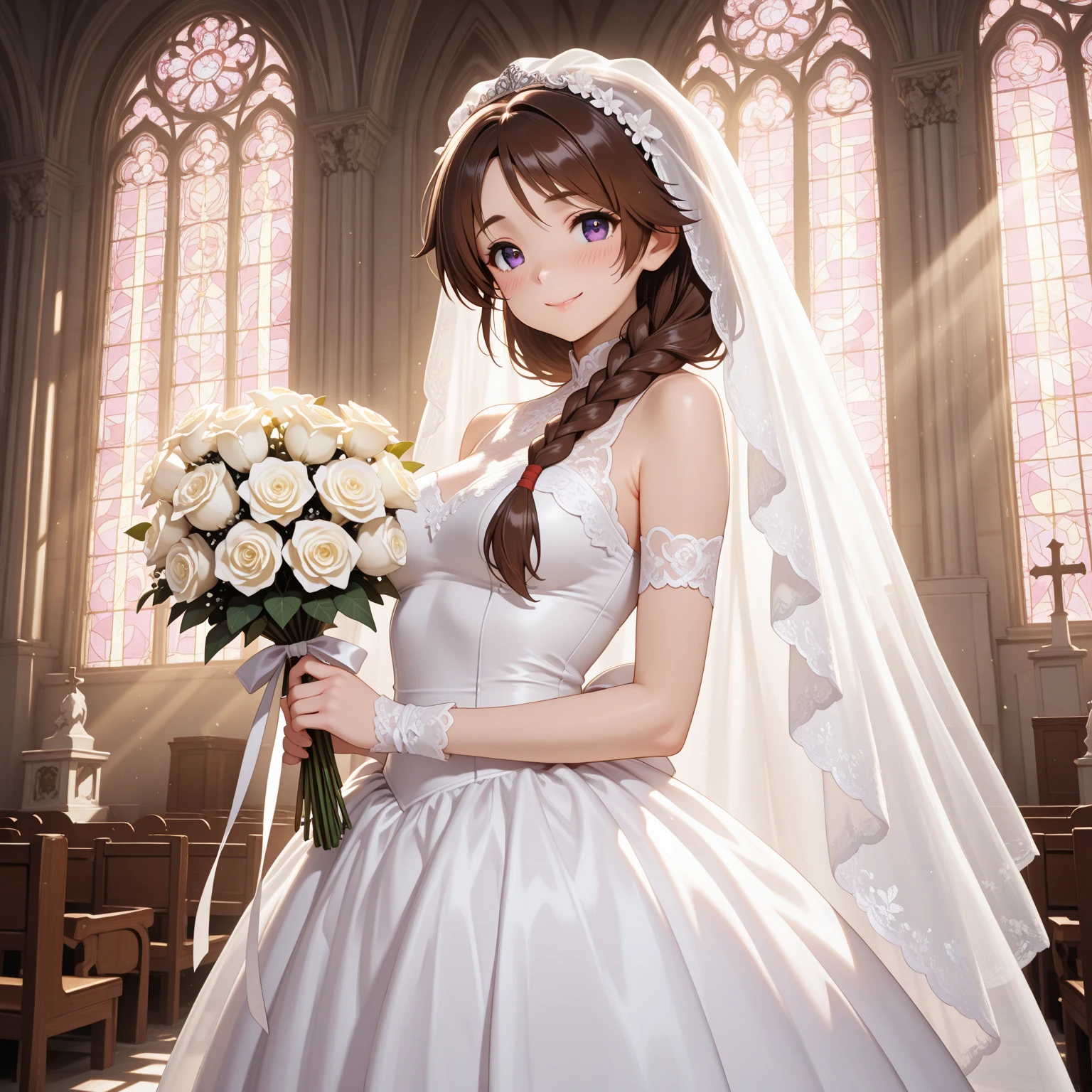 Misaka Mikoto, wedding dress, bridal gauntlets, bridal veil, wedding ring, bouquet, blush, small breasts, church, uhd, retina, masterpiece, ccurate, anatomically correct, textured skin, super detail, high details, high quality, best quality, highres, 4K