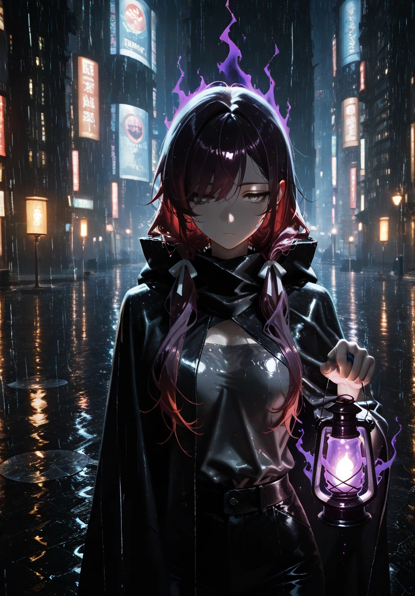 (masterpiece), high quality, best quality, newest, ruanyi0935,night,puddle,rain,water, anime character, close up, upper body, messy hair, ark red hair, dark purple highlights, scar, dark shadows on hands, long hair, low twin tails, swept bangs, gray eyes, lifeless eyes, shadows over eyes, tired, dynamic angle, long swept bangs, strapless sleeveless shirt, gray shirt, hair ribbons, black trousers, black cloak, tattered cloak, dark purple aura, dark purple splash effect, holding lantern, holding umbrella, ((dark aura, glowing lantern, shadowy aura)), city in background, night, rain, heavy rain, wet clothes, wet hair, wet skin, BREAK extreme quality, cg, masterpiece, 8k, dark theme, glowing, serious but cute, glowing orb, holding orb, gravity