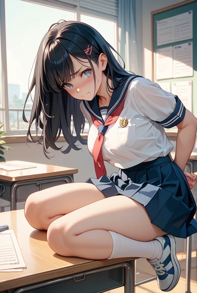 lighting like a movie、top-quality、school classrooms、High school girl sitting on the desk and opening her legs to show her panties、full of sweat、Hide face with hands、