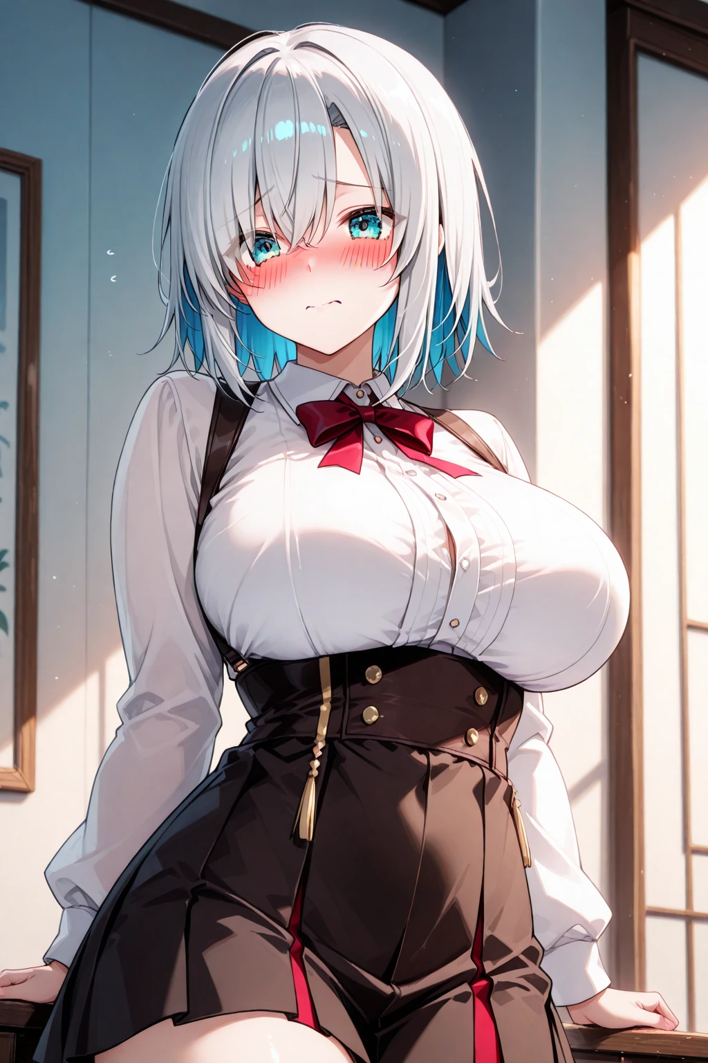 16k,1girl, katsuragi lilja,blue eyes,white hair,short hair,braid,,sailor collar,neck ribbon, white shirt,layered skirt,high-waist skirt,looking view,blush,embarrassed,((((big breast))),((Big Tits))),(The chest is open),cleavege,breast focus,NSFW,beautiful face,beautiful eyes,details eyes