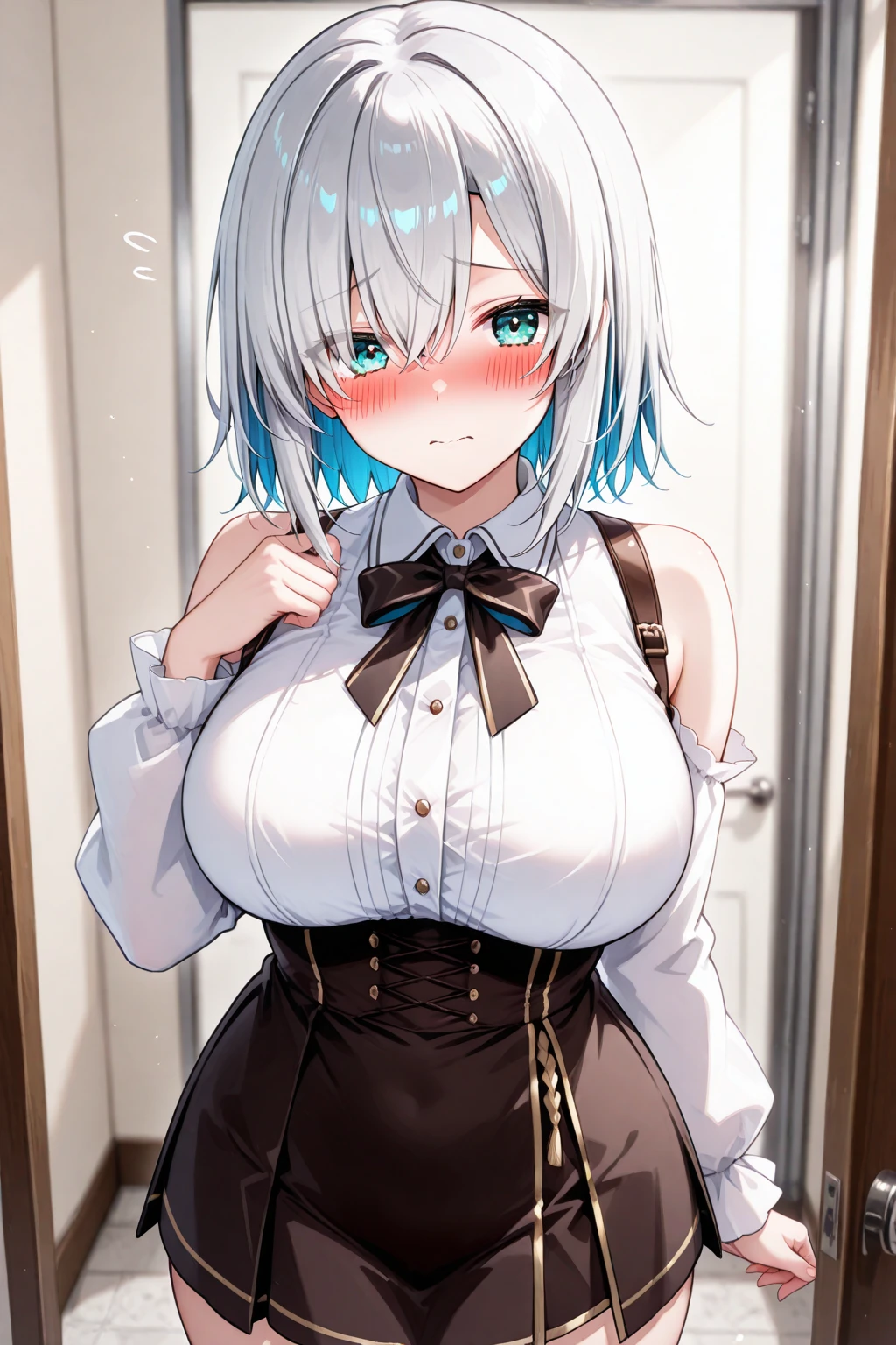 ((masterpiece, best quality)),8k,indoor ,1Focalors,mouth_hold,(white shirt:1.2) ,looking at viewer,slim waist,black bra, use pantyhose